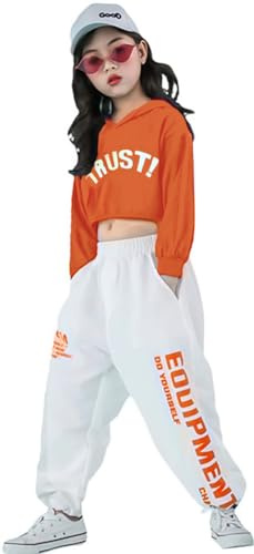 LOLANTA 2 Piezas de Ropa de Baile Callejero para niña Hip Hop, Sudadera Corta + Pantalones de chándal, Naranja, 10-11 años, 150