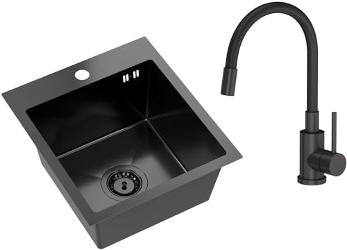VBChome Edelstahlspüle mit Armatur 40 x 45 cm Schwarz Edelstahl Einbauspüle mit Hahnloch Küchenspüle Spüle Groß Becken Ablaufgarnitur Siphon Edelstahlspüle Mattschwarze Armatur mit Flexiblem Auslauf