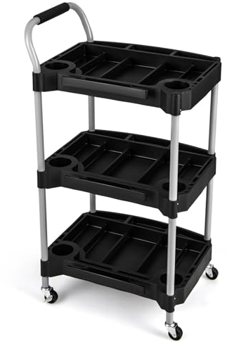 COSTWAY 3-Tier Rolling Tool Trolley, Metal Service Cart with Multiple Divider, Lockable Wheels & Sponged Handle, Heavy Duty DIY Storage Trolley for Workshop Garage (60x45x107cm)