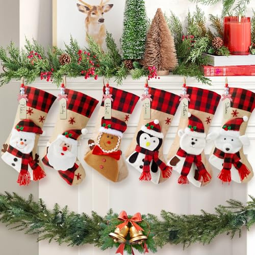 Minetom Christmas Stockings with Personalized Name Tag, 6 Pack 18 Christmas Stocking Snowman Santa Gingerbread Man Penguin Bear Dog Burlap Plaid Xmas Stocking Holiday Christmas Decoration Gifts