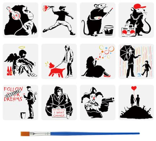 FINGERINSPIRE 12 Stück Banksy Zeichenschablone Mit Einem Pinsel 30x30cm Banksy Malvorlage Mit Banksy Motiv Motiv: Mädchen Junge Mann Engel Clown Schimpansen Ratte Banksy Motiv Zum Malen Auf Holz