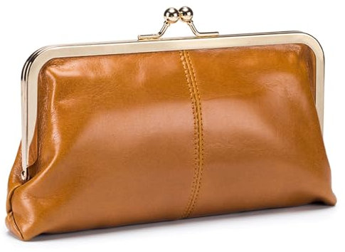 Karoukee Echtleder Große Geldbörse für Frauen, Vintage Damen Kuss-Schloss Portemonnaie, Elegante Handy Geldbeutel mit Reißverschluss Münzfach, Goldene Hardware, Orange