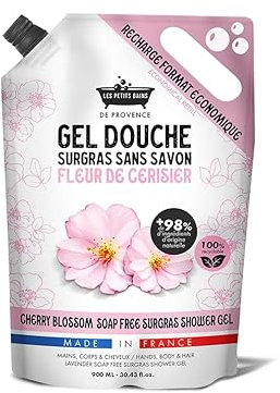 Recharge Gel Douche Fleur de Cerisier 900ml Les Petits Bains de Provence - Gel Douche surgras sans savon, +98% ingrédients naturels, pour mains, corps et cheveux, recyclable