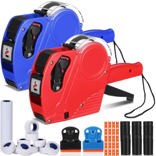 Fullhawl 2 Pack 8 Digits Price Gun for Retail Price Tag Gun Kit with 8000 Blank White Labels & 6 Ink Refill & 2 Label Scrapes & 20 Plastic Blades Price Label Gun for Retail Office Shop (Red, Blue)