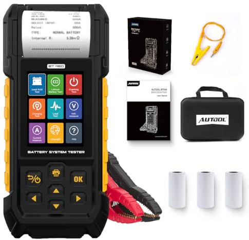AUTOOL Tester Batteria Auto con Stampante, 12V 24V 30-2000 CCA Battery Load Teste, Prova di avviamento, Carica e Perdita, Supporta Batterie al Litio Tester Generatore per Moto, Auto e Barche