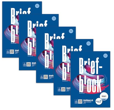 Staufen Style Briefblock - 5 Blöcke je 50 Blatt Briefpapier, DIN A5, 70 g/m², liniert (10 mm), geleimt