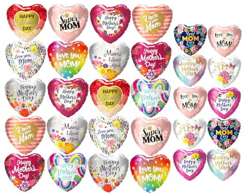 30Pcs Happy Mother's Day Balloons - 20Pcs 10'' and 10 Pcs 5'' Aluminum Foil Balloons Heart for Mother's Day Grandmother Birthday Party Decorations
