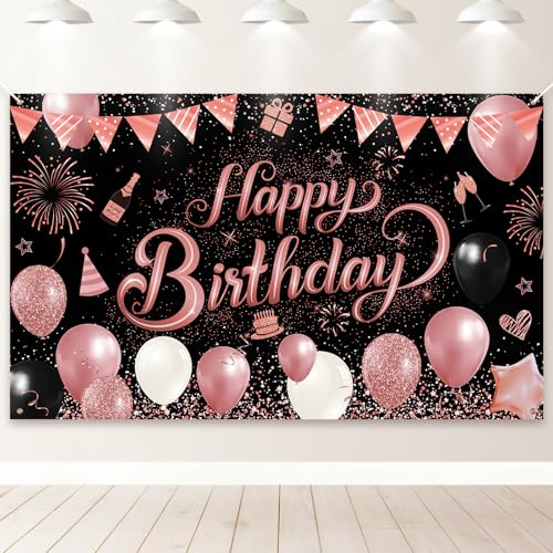 PartyYaa Striscione per Compleanno, Striscione Decorativo Happy Birthday, Decorazione Extra Grande per Foto Fotomatoni di Compleanno, Poster per Uomini e Donne (Nero Rosa)