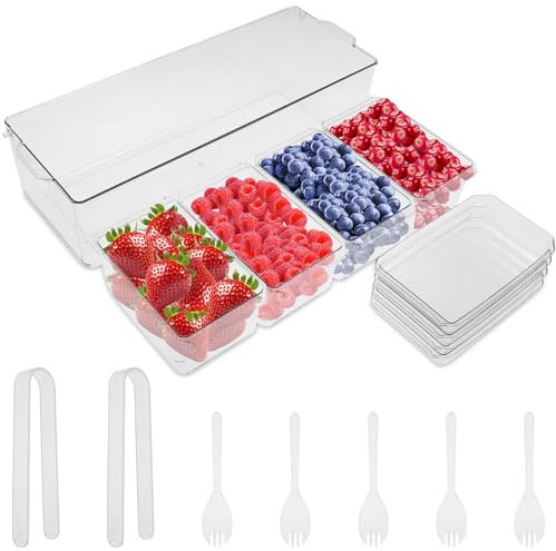 GUIJZSLTRG Ice Chilled Condiment Caddy with 4 Containers Transparent Condiment Server with Separate Lids Reusable Clear Garnish Tray Include 5 Forks for Bar Accessories Fruit Salad Taco Party Garnish