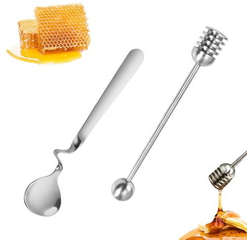 2 Stück Honiglöffel Edelstahl,Marmeladenlöffel,Honig Löffel,Hängender Marmelade Löffel,Honigspender,Honiglöffel,Löffel Rührer,Honey Spoon,Griffstab Stick,Rührlöffel für Marmelade,Honig,Joghurt,Sirup