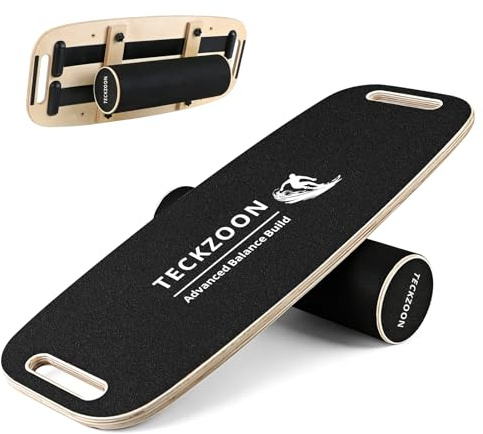 TECKZOON Balansbräda i trä, halksäker med korkrull & hållare, balanstränare, pilatesbräda, svällbräda fysioterapitillbehör, skateboard & surfbräda träningsutrustning