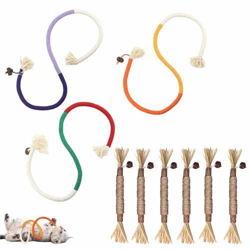 ANYUANKW 9 Pezzi Giochi per Gatti 3 Corda da Mordere 70cm 6 Bastoncini Erba Gatta Giocattolo da Masticare Interattivi per Pulire La Bocca Cura dentale