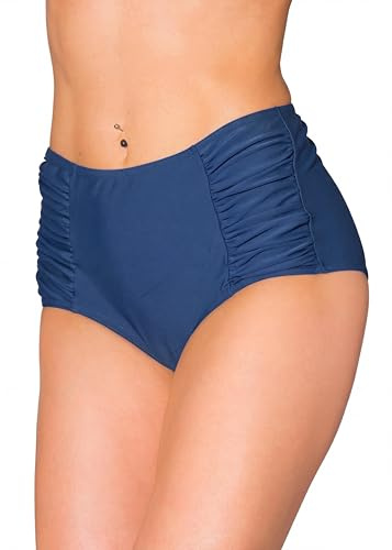 Aquarti Bikinihose Damen mit Hoher Taille und Raffung – Klassische Bikinihosen für Damen in Uni-Farben, Farbe: Dunkel Jeansblau, Größe: 44