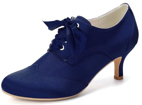 Mdrcg Escarpins de Mariage en Satin pour Femme, Bout fermé et Petit Talon, Style Richelieu à Lacets, Chaussures habillées Confortables à Talon Bas pour la mariée,Bleu,38 EU