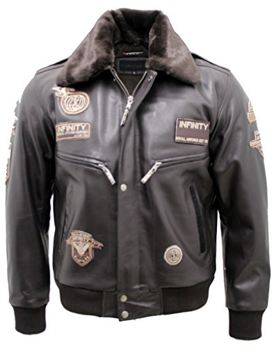 Infinity Chaqueta de Bombardero de Vuelo de Piel de Vaca Marrón para Hombre con Cuello Desmontable L
