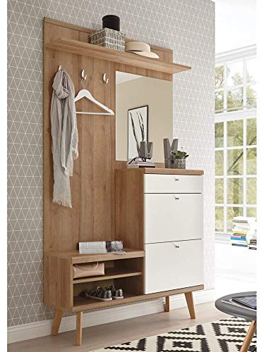 Lomadox Kompakt-Garderobe im Retro Design weiß matt mit Eiche Riviera Nb.