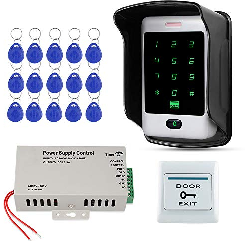 FST Set Sistemi di Controllo Accessi Esterni Tastiera RFID Impermeabile Tastiera in Metallo Tattile + Alimentatore Controllo Accessi DC12V 3A + Cover Antipioggia + 15 Chiavi RFID