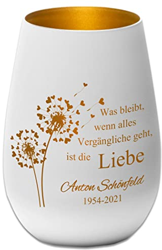 Trauerlicht - was bleibt wenn Alles Vergängliche geht - weiß/Gold - Gravur Namen und Datum - Gedenklicht Erinnerungslicht Grablicht Trauergeschenk