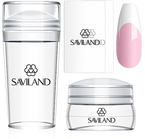 Saviland French Tip Nail Stamp: 4PCS Nail Art Stamper Kit Clear Silicone Nails Stamping Long & Short Jelly Stamper with Scrapers Nails Stamper Kit for French Manicure Home DIY Salon