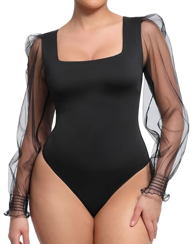 FeelinGirl Plus Size Square Neck Long Sleeve Bodysuit Mesh Sleeve Body Suit for Women Clubbing Outfits Black 3XL