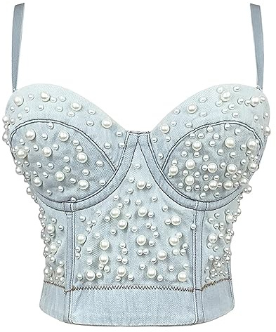 Ypser Denim Corset Top Push Up Bustier Crop top Pearl Beaded Bustier Bra