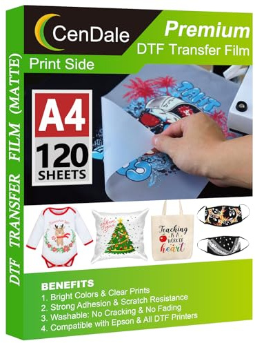 CenDale DTF Transfer Film A4-120 Sheets Double-Sided Matte DTF Film for Sublimation Hack, Direct to Film Printing for Light/Dark T-Shirts Textile, PreTreat PET Heat Transfer Paper, Cold & Hot Peel