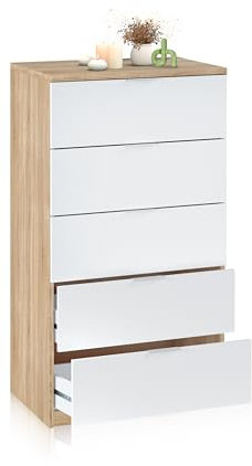 duehome | Comoda de 5 Cajones para Dormitorio, Modelo Akari, Acabado en Blanco Artik y Roble Canadian, Medidas: 60 cm (Largo) x 110 cm (Alto) x 40 cm (Fondo)