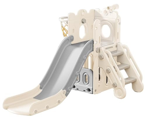 FUKEA 4-in-1 Kids Slide, Toddler Castle Slide Climbing Frame with Storage Box Basketball Hoop, Garden Slide Playground for Toddlers age 1-3 Birthday Gift(Grey)