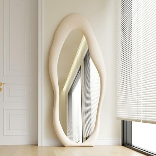 Asymmetrischer Spiegel, 160x60cm Standspiegel Ganzkörperspiegel, Spiegel Groß mit Flanell umwickelter Holzrahmen, Bodenspiegel, Unregelmäßiger Wandspiegel für Wohnzimmer Schlafzimmer Flur (Weiß)
