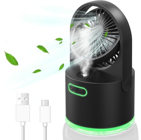 CAMKORY Mini Tischventilator mit Kühlen Nebel, USB Ventilator Wiederaufladbar Ventilator Tragbarer mit 3 Einstellbaren Geschwindigkeiten 60°Rotation 300ml Wassertank Schreibtisch für Reisen Outdoor