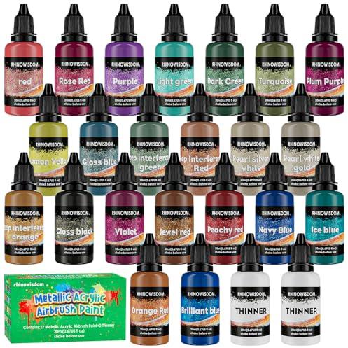 Airbrush Paint - 22 Colors with 2 Thinner Metallic Air Brush Paint Set, Ready to Spray Water-Based Opaque & Neon & Iridescent Acrylic Paint for Beginners Hobbyist, Air brush Paint Kit, 20 ml/Bottle