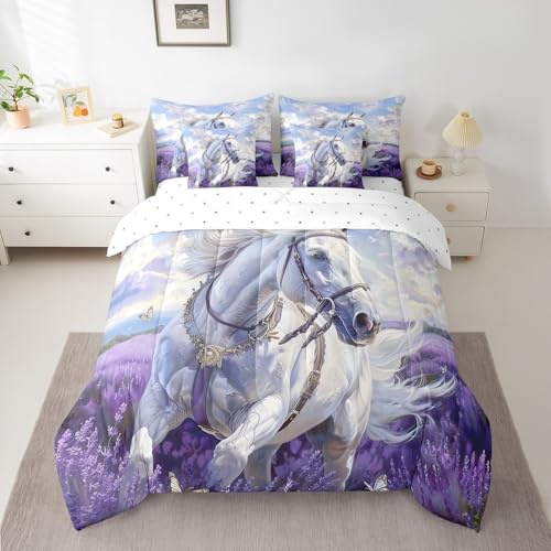 Feelyou Girls Horse Floral Comforter Set King Size 7 Pieces Comforters Lavender Flower Bedding Set Galloping Horse Farm Bed in a Bag with Comforter, Sheets, Pillowcases & Cushion Covers