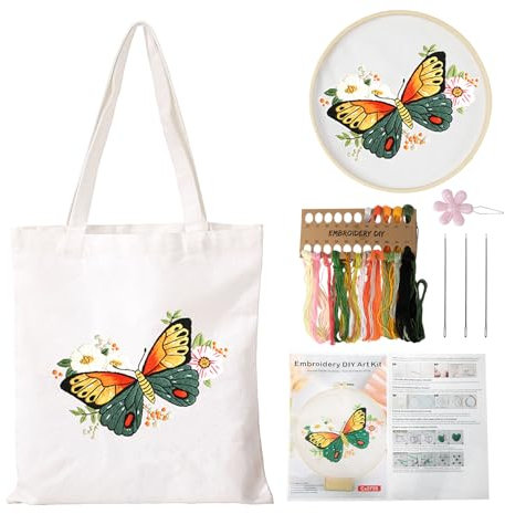 Homewit Tela Tote Bag per adulti, set da ricamo per principianti, fai da te, a punto croce, realizzato a mano, con borsa da ricamo, borse a farfalla, telaio per ricamo, fili di colore, istruzioni e