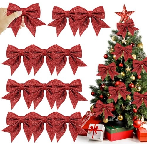 Taufe 12 Stück Weihnachtsschleifen,Schleifen Weihnachtsbaum,Weihnachtsbaum Schleifen,Schleifen Weihnachten,Weihnachtsbaum Bogen Schleife,Glitzer Schleifen Weihnachtsbaum deko,für weihnachtsdeko(rot)