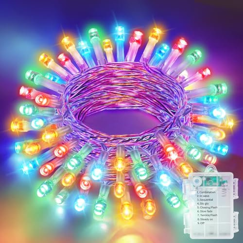 Realky Luci Albero di Natale a Batteria, 5M 50LED Luci Natalizie da Esterno ed Interno, 8 Modalità con Funzione Memoria Impermeabile Luci di Natale per Giardino, Balcone, Festa, Casa - Multicolore