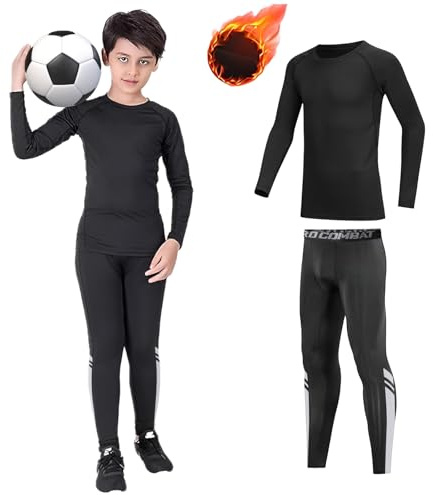 Maglia termica a maniche lunghe e leggings a compressione, per bambini, per sport, calcio, basket, sci, nero, 6-7 Years / SIZE 24