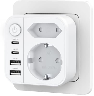 OUFUYU Regletas Enchufes 6-en-1, Enchufes Múltiplescon Adaptador USB, Enchufe de Pared con Interruptor (4000W/16A), Ladron Enchufes para Hogar/Oficina/Viaje