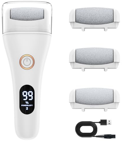 Hornhautentferner Elektrisch Einstellbare Geschwindigkeit, AOMEES Elektrischer Hornhautentferner mit 3 Wechselrollen, IPX7Wasserdicht, LED-Licht & Anzeig, Fußpflege Pediküre Set für Hornhautentfernung