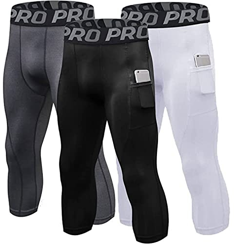 LANBAOSI 3er Pack Herren-Laufleggings 3/4-Kompressionsstrumpfhose Reiten Baselayer-Hose Wandern Fitnesstraining Jogging Sporthose 3er-Pack