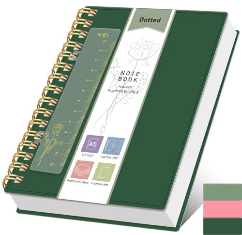 PYNEX Notizbuch A5 Punktmuster,Bullet Dotted Journal, Spiralnotizbuch,300 Blatt/150 Seiten zum Schreiben,100gsm, Mit Lesezeichen - Lineal, Innenfach und dickem 80S PVC Designer,14.5 x 21cm Dunkelgrün