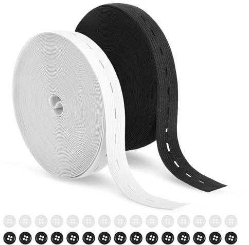 2 rullar elastiskt band sömnad 20 m med 30 knappar, gummiband 20 mm med knappöglor, elastisk gummilinning för sömnad, stickning, midjeband, tight, byxgummi med elastiskt band (svart och vit)