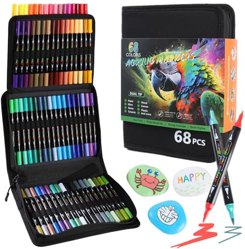HYNEXLK Acrylic Paint Pens Paint Marker - 68 Colours Dual Tip Brush Paint Markers for Rock Painting, Glass, Ceramic, Stone Wood, Canvas - Fine & Brush Tip DIY Crafts Making