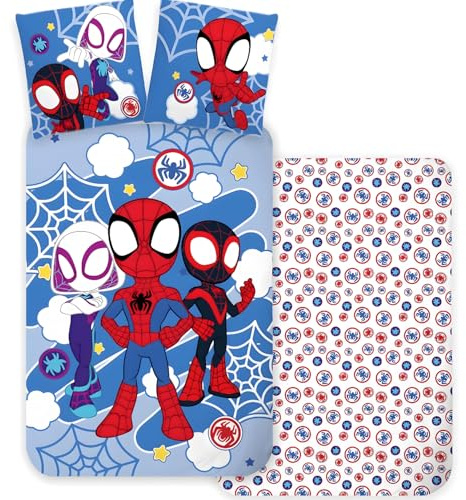 Spidey Parure de lit junior | Housse de couette 100 x 140 cm + taie d'oreiller 40 x 45 cm, 100 % coton | Parure de lit pour bébé parfaite pour les tout-petits | Marvel Spidey Parure de lit réversible