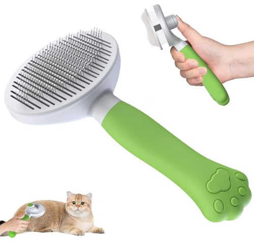 Zivacate Katzenbürste Hundebürste [Ergonomischer Griff & Ein-Klick-Reinigung & Patentiertes Design] Selbstreinigende Unterfellbürste Für Kurzhaar & Langhaar Hunde/Katzen/Kaninchen (Grün)