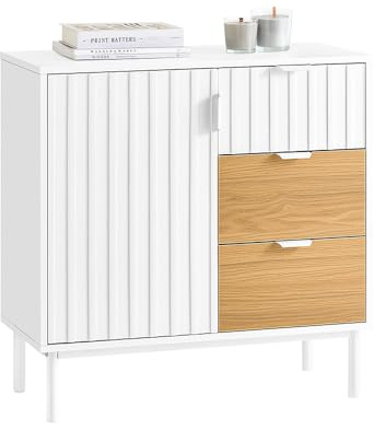 SoBuy Credenza Cucina Salvaspazio per Soggiorno e Ingresso - Mobile con 3 Cassetti e 1 Porta, Mobiletto Basso Multifunzionale, Madia Moderna per Cucina e Sala, 75x35x76 cm, FSB91-WN