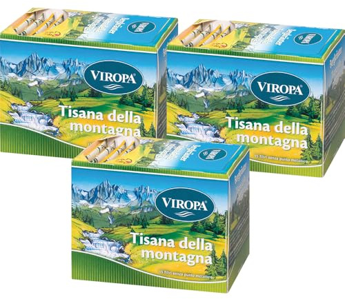 VIROPA Tisana della Montagna BIO – Infuso Erboristico Rilassante e Digestivo – 3 Confezioni da 15 Filtri – 100% Naturale e Biologico – Con Menta, Salvia, Achillea – Made in Alto Adige