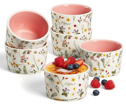ONEMORE 6 oz Ramekins Oven Safe, Floral Ceramic Ramekin Set of 6 Pink Ramekins for Baking & Serving, Creme Brulee Dishes, Custard Pudding Souffle Cups, Small Dessert Bowls for Oven, Air Fryer