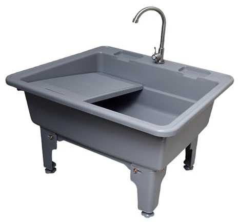 Utili – Évier à linge avec robinets chauds et froids, planche à laver incluse, bac en plastique pour buanderie, jardin à gaz, motif cact (gris taille S)