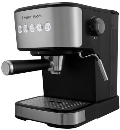 Russell Hobbs Macchina Caffè Espresso, Capsule e Caffè Macinato, 1 o 2 Tazze, Lancia Vapore, Pressione 15 e 20 Bar, Serbatoio 1,5L, Scaldatazze, Finiture in Acciaio Inox Heaton 28700-56