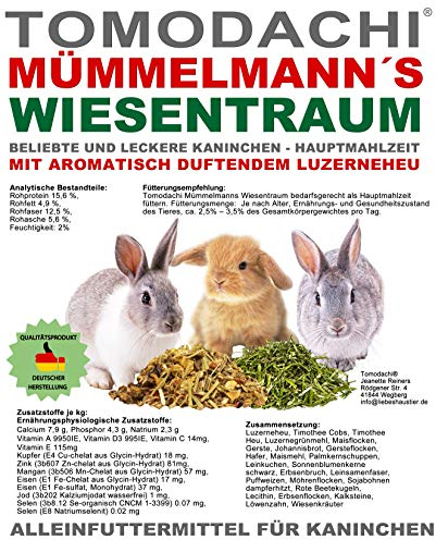 Tomodachi Kaninchenfutter Hasenfutter Raufutter Kaninchen Strukturfutter Gemüse Erbsenflocken Möhrenflocken Luzerneheu Kräuter Löwenzahn 15kg Sack